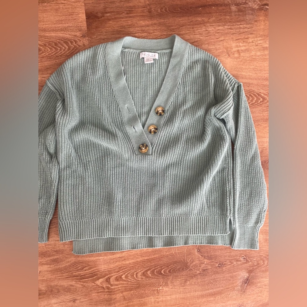 Elan Sage V-Neck Sweater with Button Accents